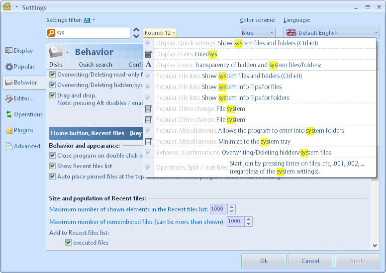 Automatic marking and selection of recently downloaded, created or modified files. Highlighting of the largest folders or files.